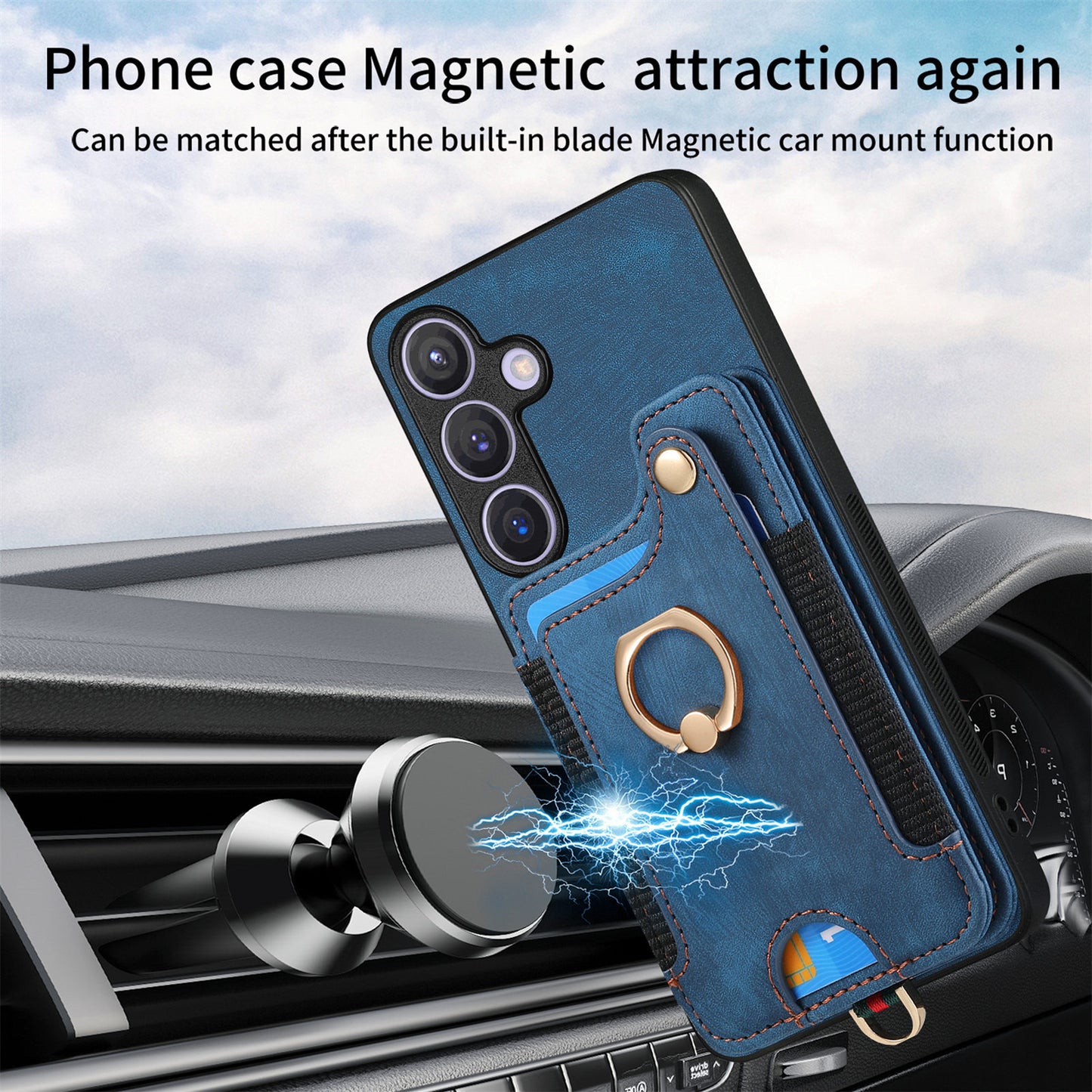 D4 For Samsung Galaxy S24 Vintage Phone Case Card Slots Kickstand Cover RFID Blocking - Blue