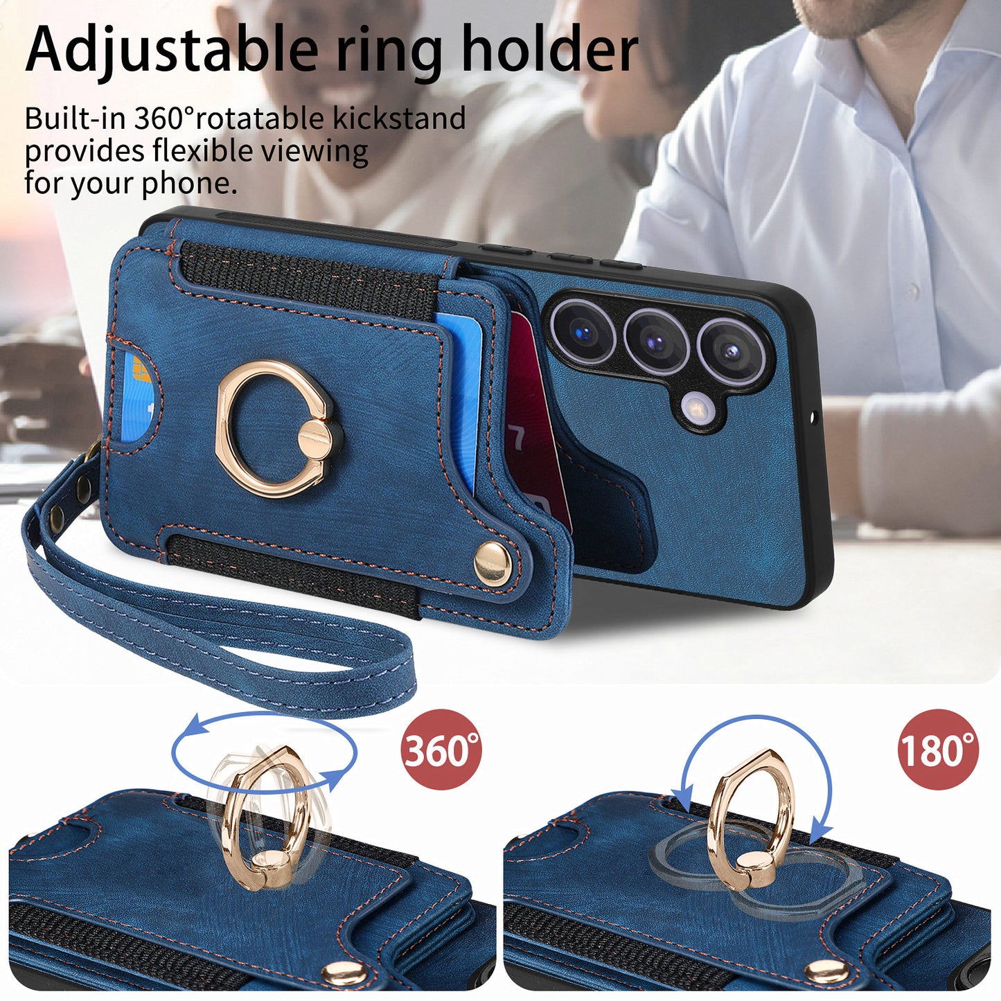 D4 For Samsung Galaxy S24 Vintage Phone Case Card Slots Kickstand Cover RFID Blocking - Blue