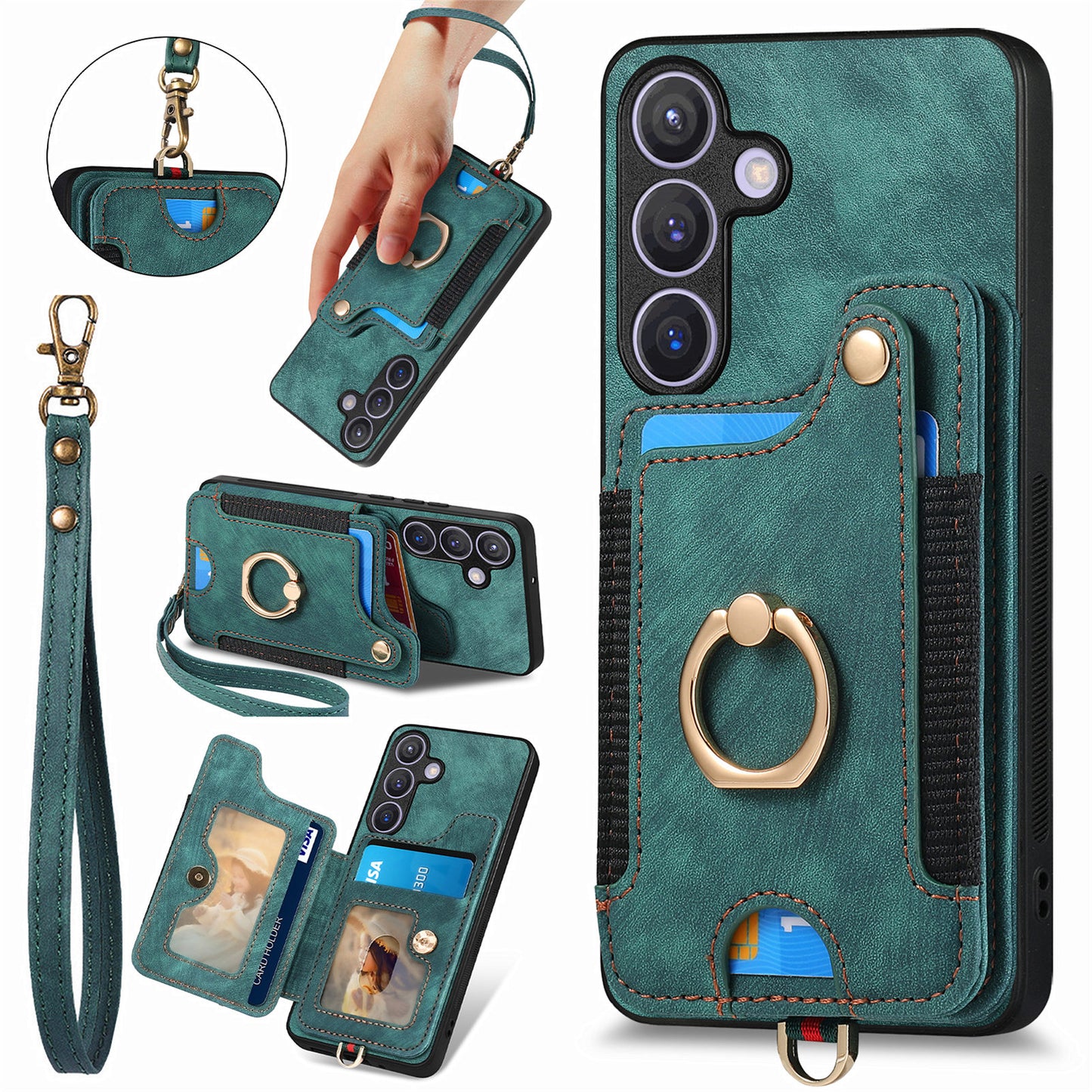 D4 For Samsung Galaxy S24 Vintage Phone Case Card Slots Kickstand Cover RFID Blocking - Green