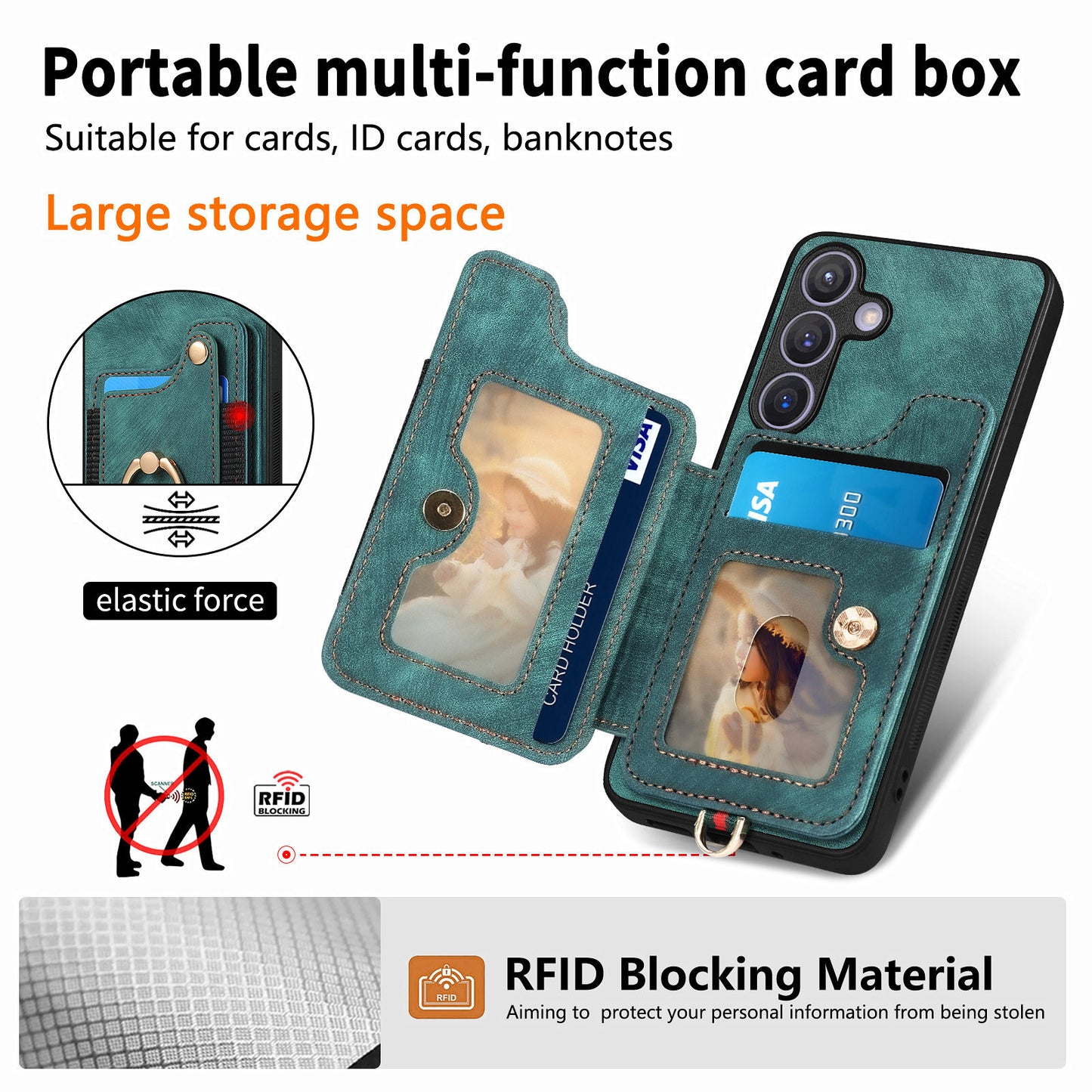D4 For Samsung Galaxy S24 Vintage Phone Case Card Slots Kickstand Cover RFID Blocking - Green