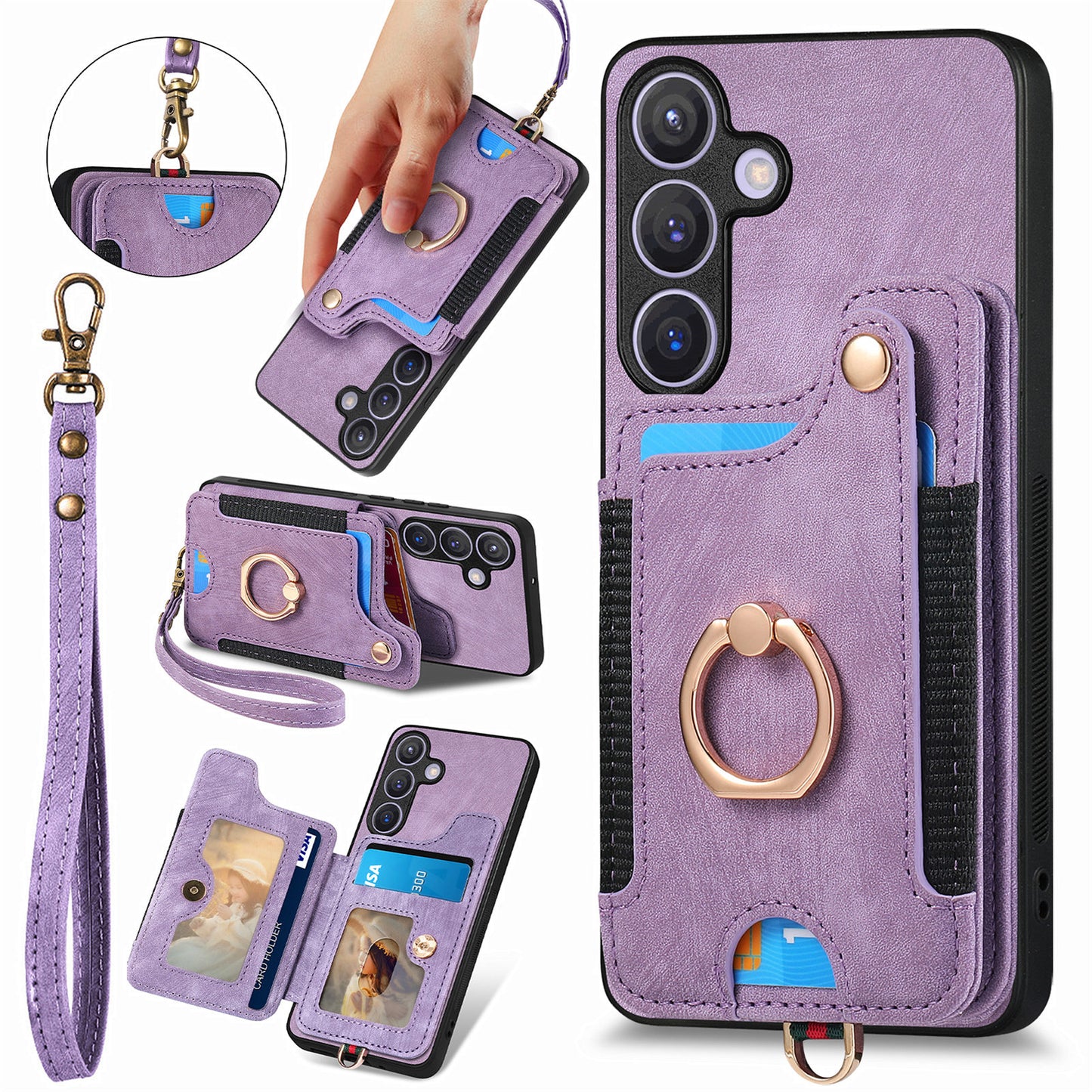 D4 For Samsung Galaxy S24 Vintage Phone Case Card Slots Kickstand Cover RFID Blocking - Purple
