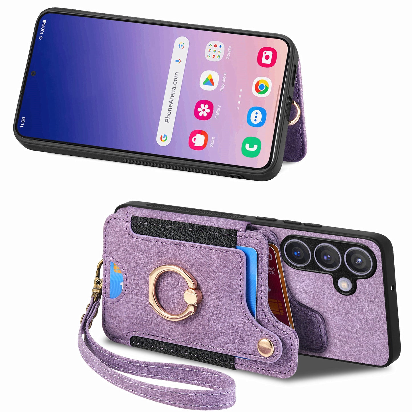 D4 For Samsung Galaxy S24 Vintage Phone Case Card Slots Kickstand Cover RFID Blocking - Purple