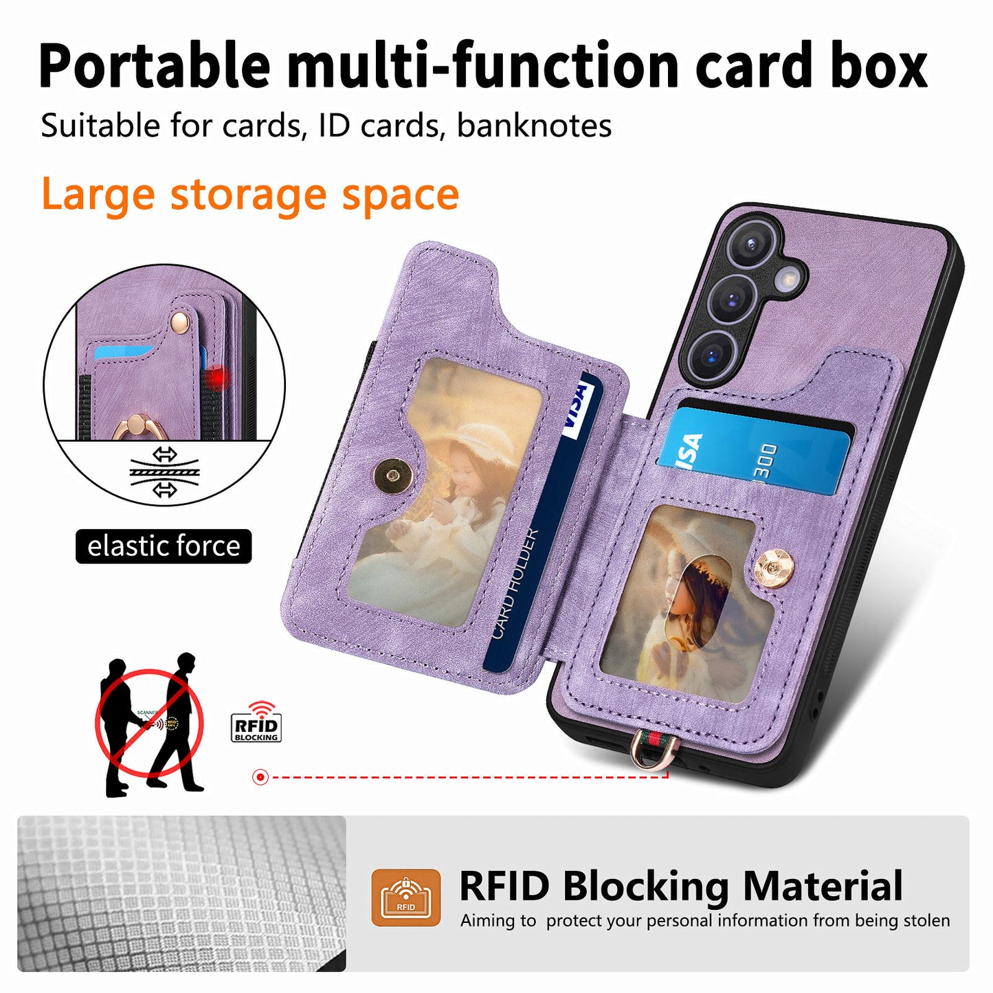 D4 For Samsung Galaxy S24 Vintage Phone Case Card Slots Kickstand Cover RFID Blocking - Purple