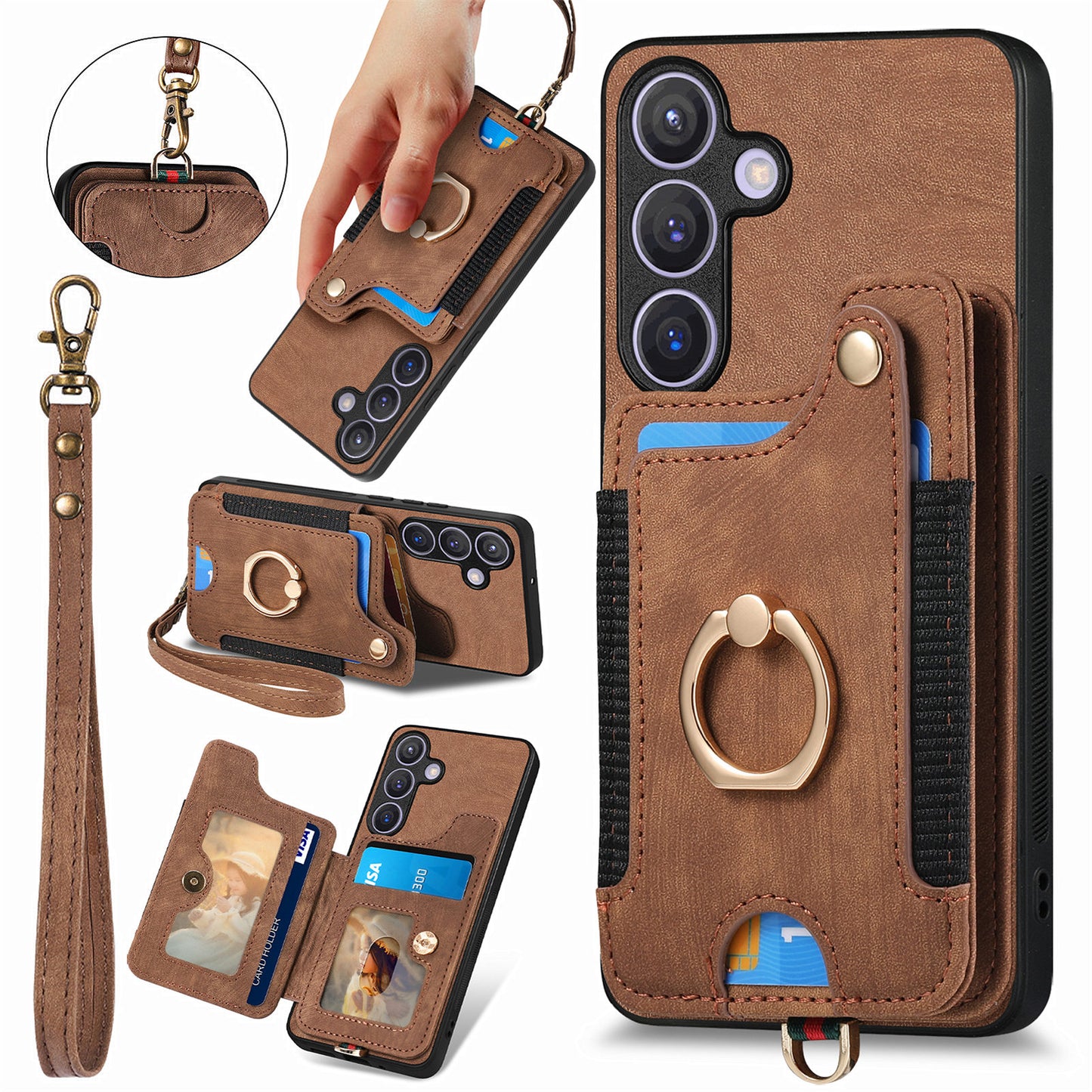 D4 For Samsung Galaxy S24 Vintage Phone Case Card Slots Kickstand Cover RFID Blocking - Brown
