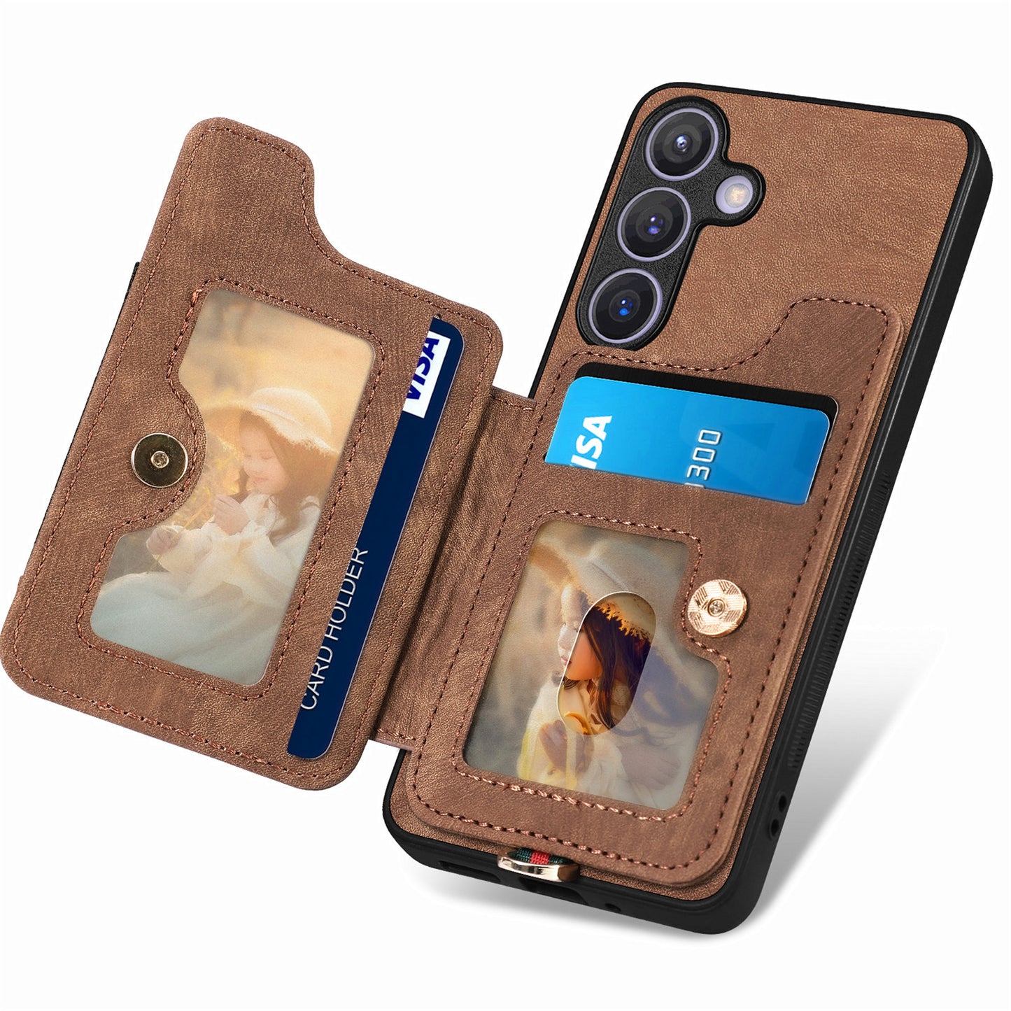 D4 For Samsung Galaxy S24 Vintage Phone Case Card Slots Kickstand Cover RFID Blocking - Brown