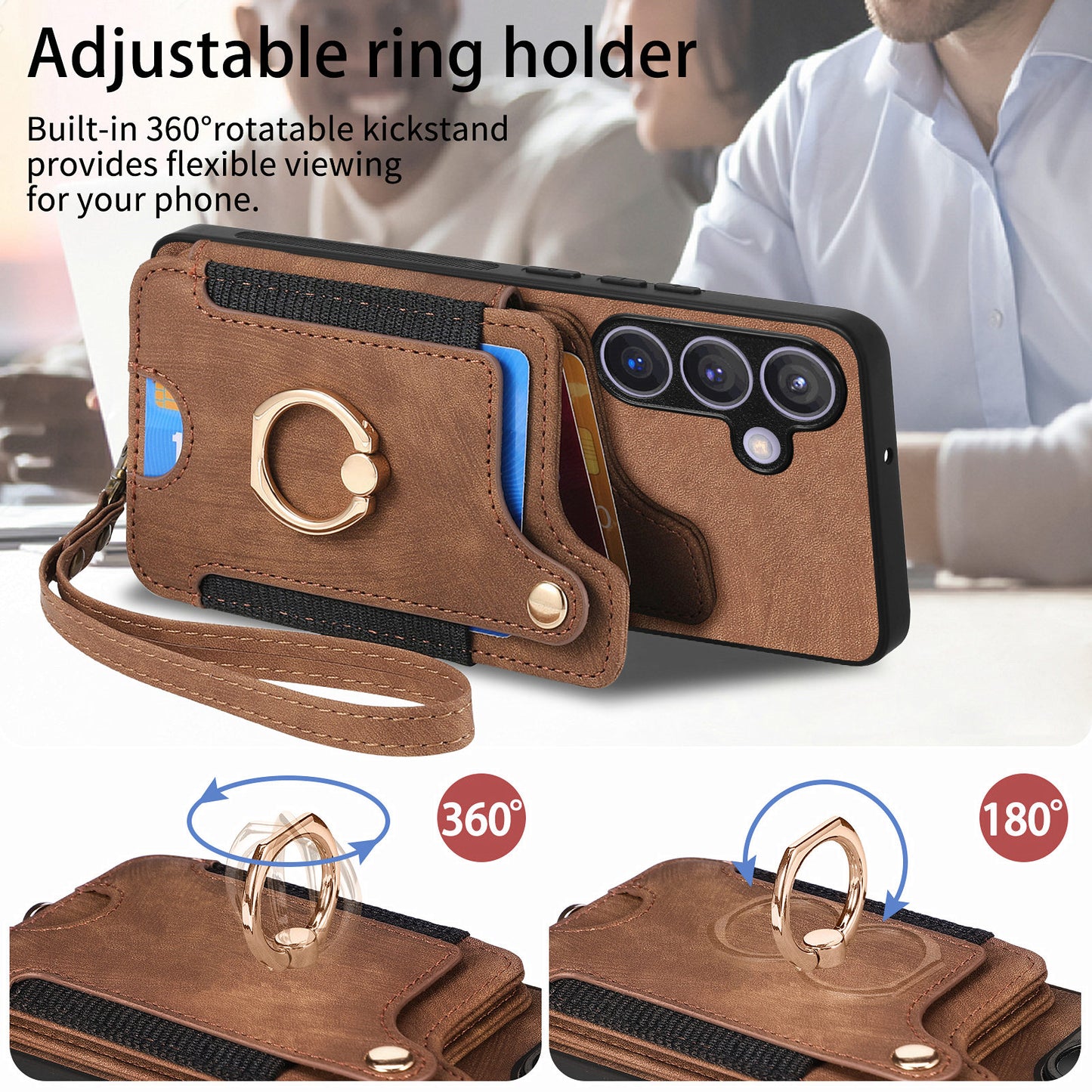 D4 For Samsung Galaxy S24 Vintage Phone Case Card Slots Kickstand Cover RFID Blocking - Brown