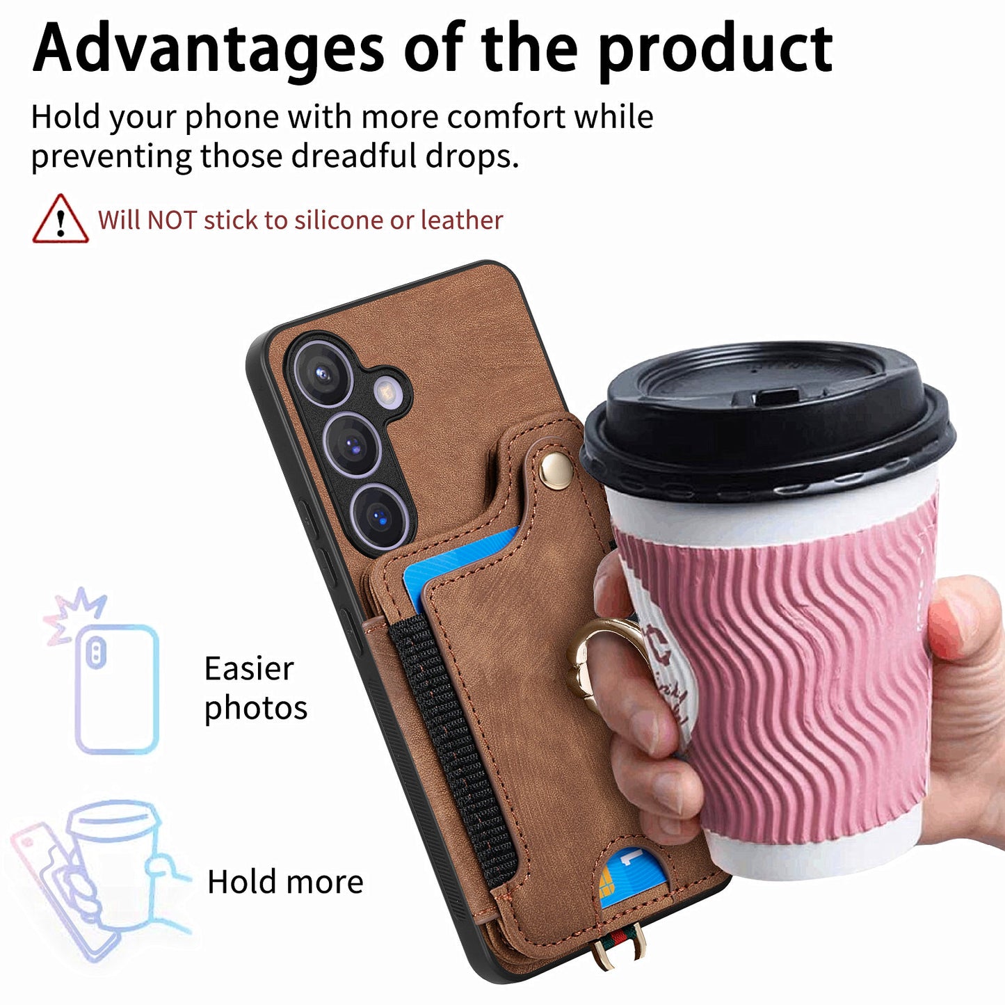 D4 For Samsung Galaxy S24 Vintage Phone Case Card Slots Kickstand Cover RFID Blocking - Brown
