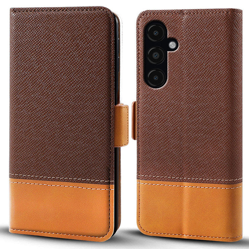For Samsung Galaxy S24+ Cell Phone Stand Case PU Leather Cover Color Splicing Wallet - Brown