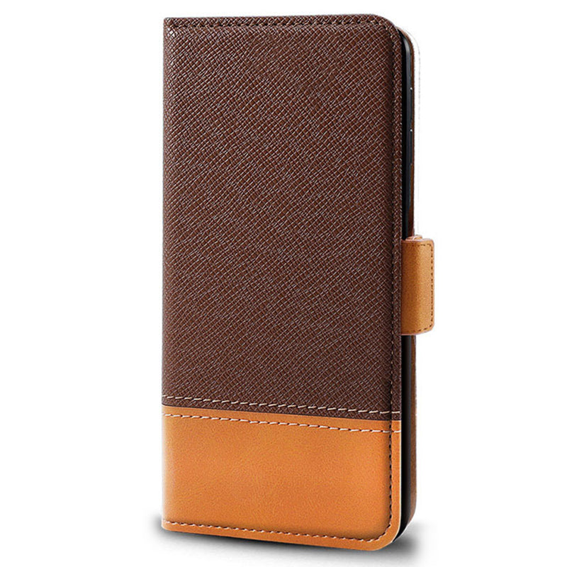 For Samsung Galaxy S24+ Cell Phone Stand Case PU Leather Cover Color Splicing Wallet - Brown