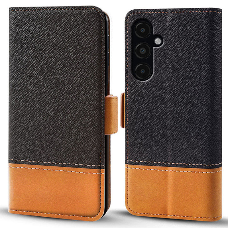 For Samsung Galaxy S24+ Cell Phone Stand Case PU Leather Cover Color Splicing Wallet - Black