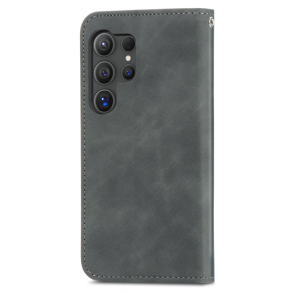Phone Stand Case for Samsung Galaxy S24 Ultra Card Slots Skin-touch PU Leather Phone Cover - Grey