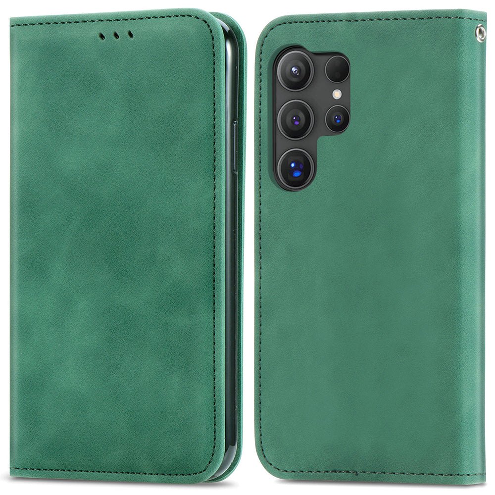 Phone Stand Case for Samsung Galaxy S24 Ultra Card Slots Skin-touch PU Leather Phone Cover - Green