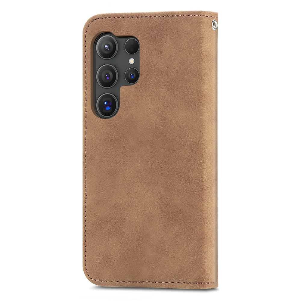 Phone Stand Case for Samsung Galaxy S24 Ultra Card Slots Skin-touch PU Leather Phone Cover - Brown
