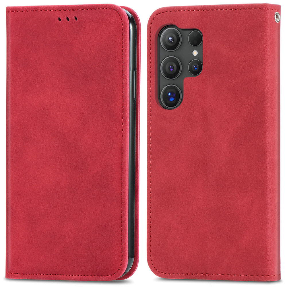 Phone Stand Case for Samsung Galaxy S24 Ultra Card Slots Skin-touch PU Leather Phone Cover - Red