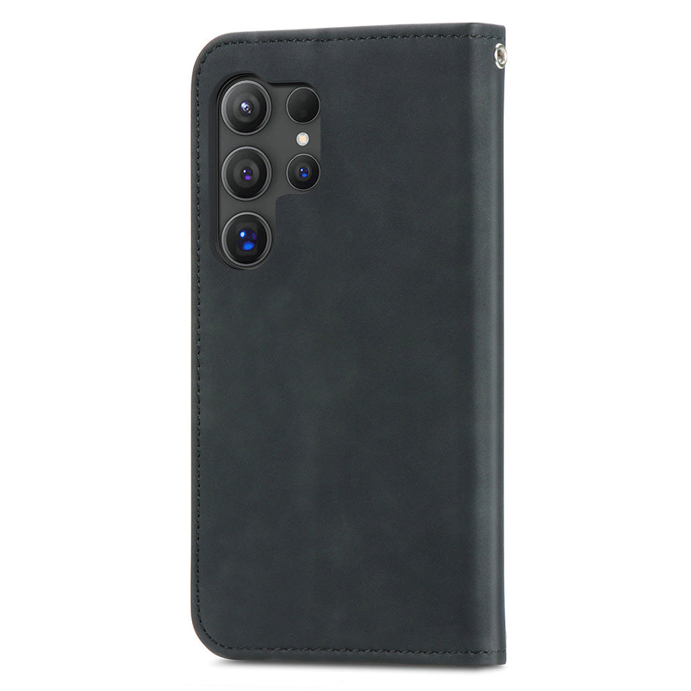 Phone Stand Case for Samsung Galaxy S24 Ultra Card Slots Skin-touch PU Leather Phone Cover - Black