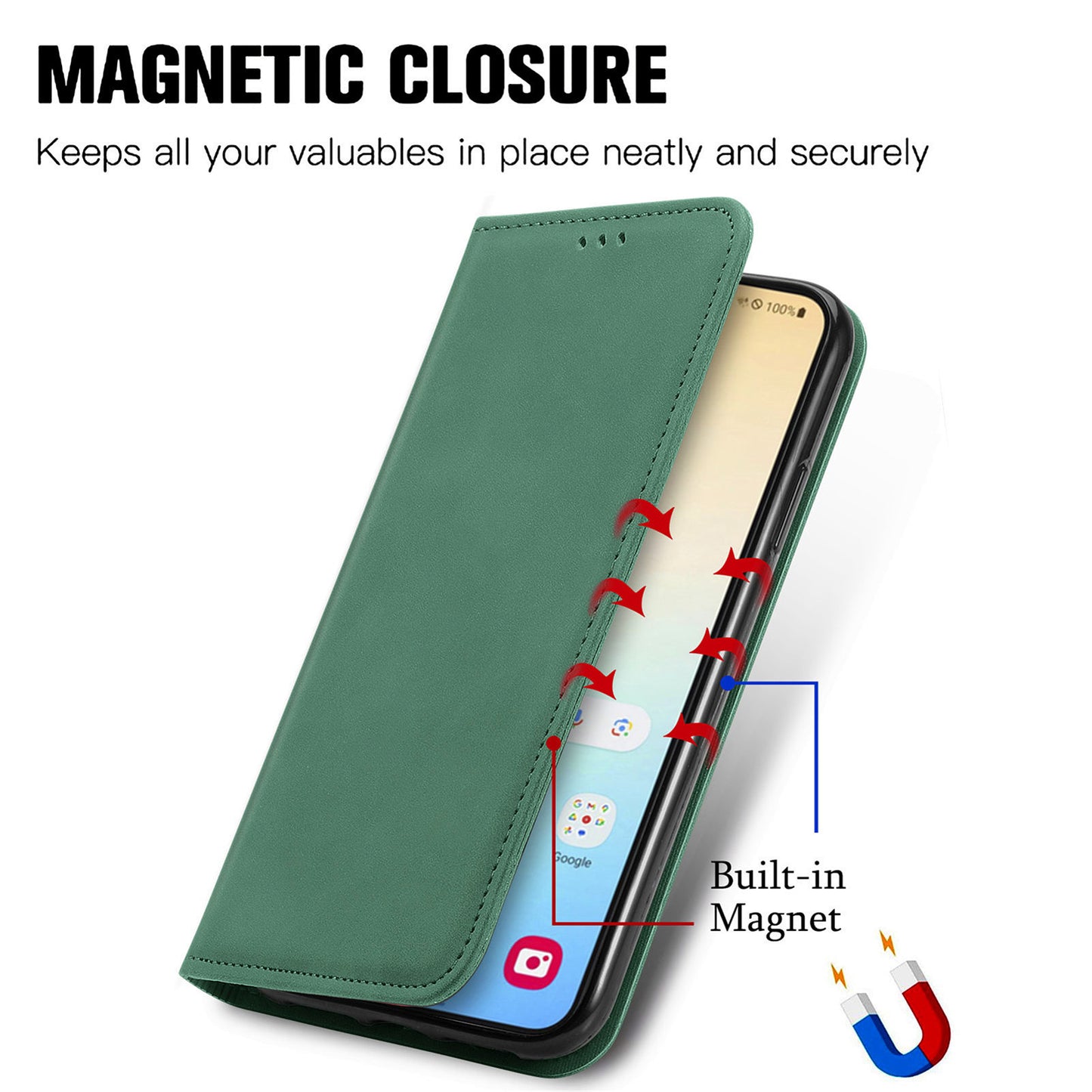 For Samsung Galaxy S24 Cases Magnetic Absorption Card Slots PU Leather Phone Stand Cover - Green