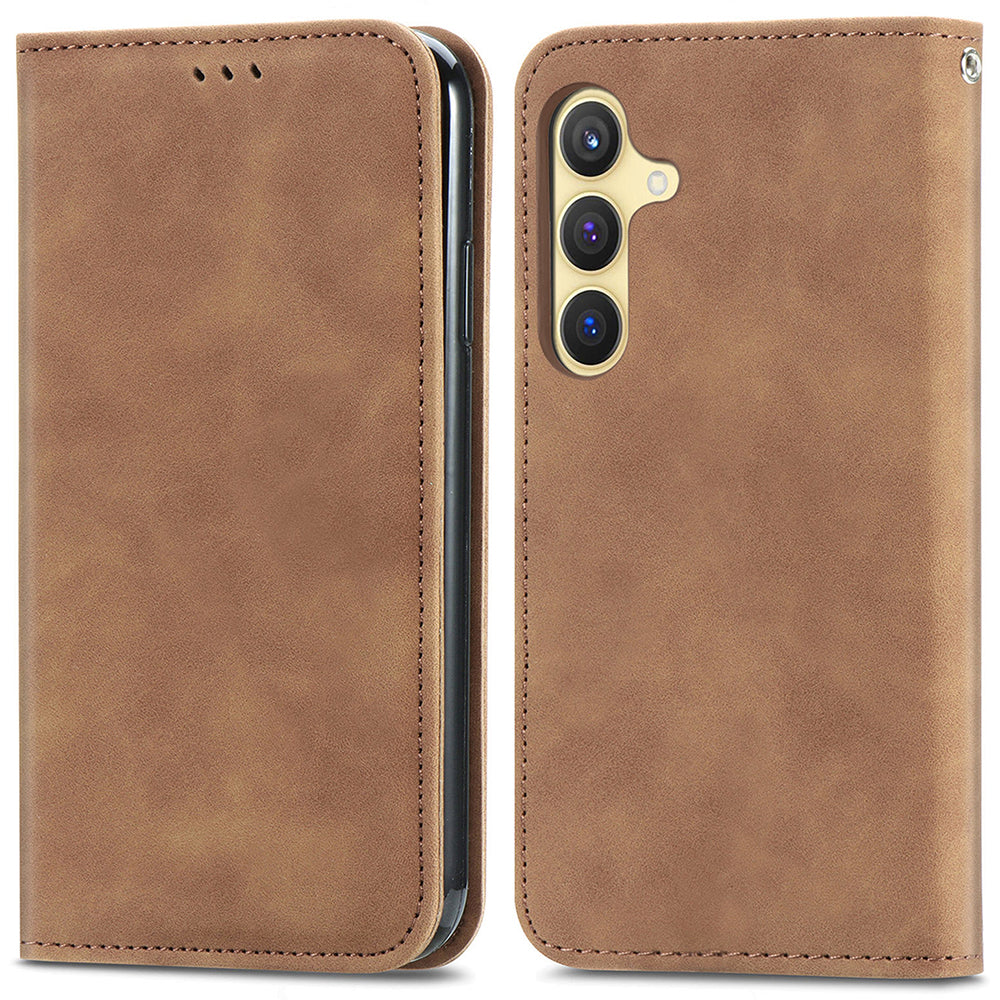 For Samsung Galaxy S24 Cases Magnetic Absorption Card Slots PU Leather Phone Stand Cover - Brown