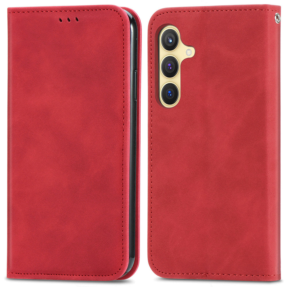 For Samsung Galaxy S24 Cases Magnetic Absorption Card Slots PU Leather Phone Stand Cover - Red