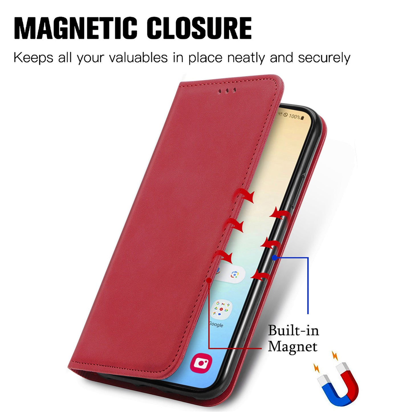 For Samsung Galaxy S24 Cases Magnetic Absorption Card Slots PU Leather Phone Stand Cover - Red
