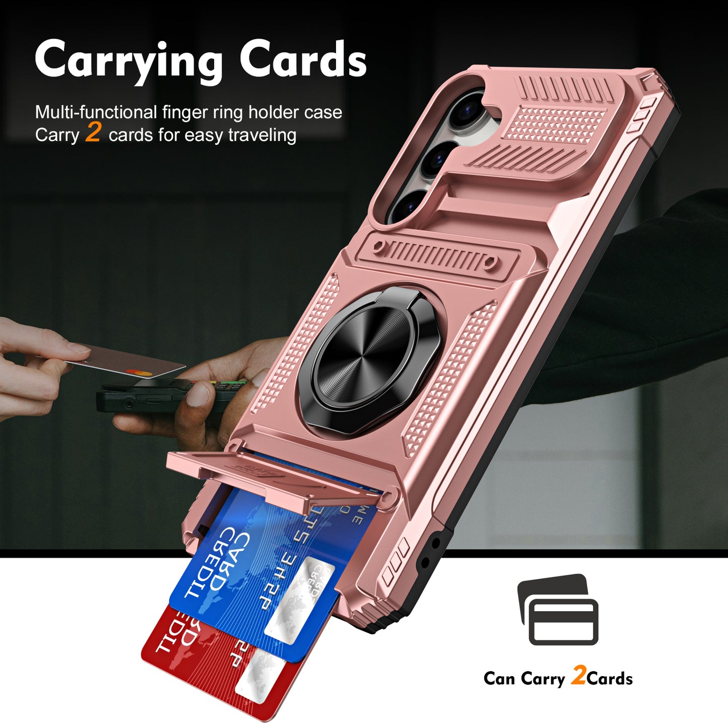 For Samsung Galaxy S24+ Shockproof Phone Shell Kickstand PC+TPU Phone Case Support Magnetic Car Mount - Rose Gold