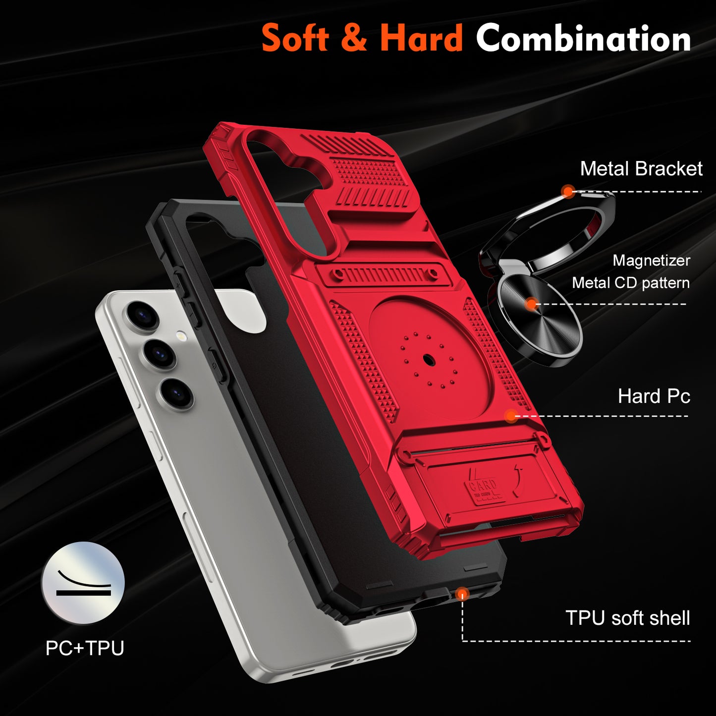 For Samsung Galaxy S24+ Shockproof Phone Shell Kickstand PC+TPU Phone Case Support Magnetic Car Mount - Red