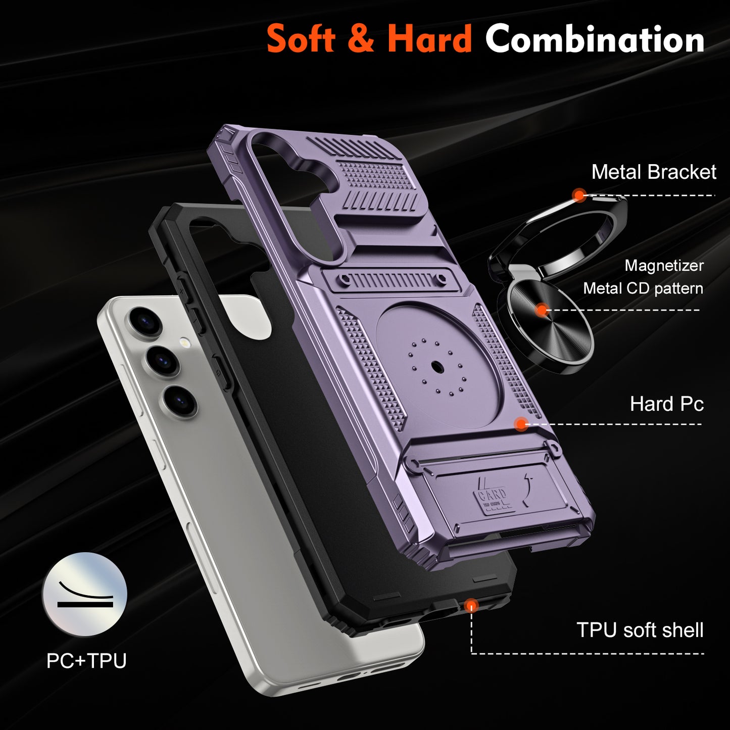 For Samsung Galaxy S24+ Shockproof Phone Shell Kickstand PC+TPU Phone Case Support Magnetic Car Mount - Purple
