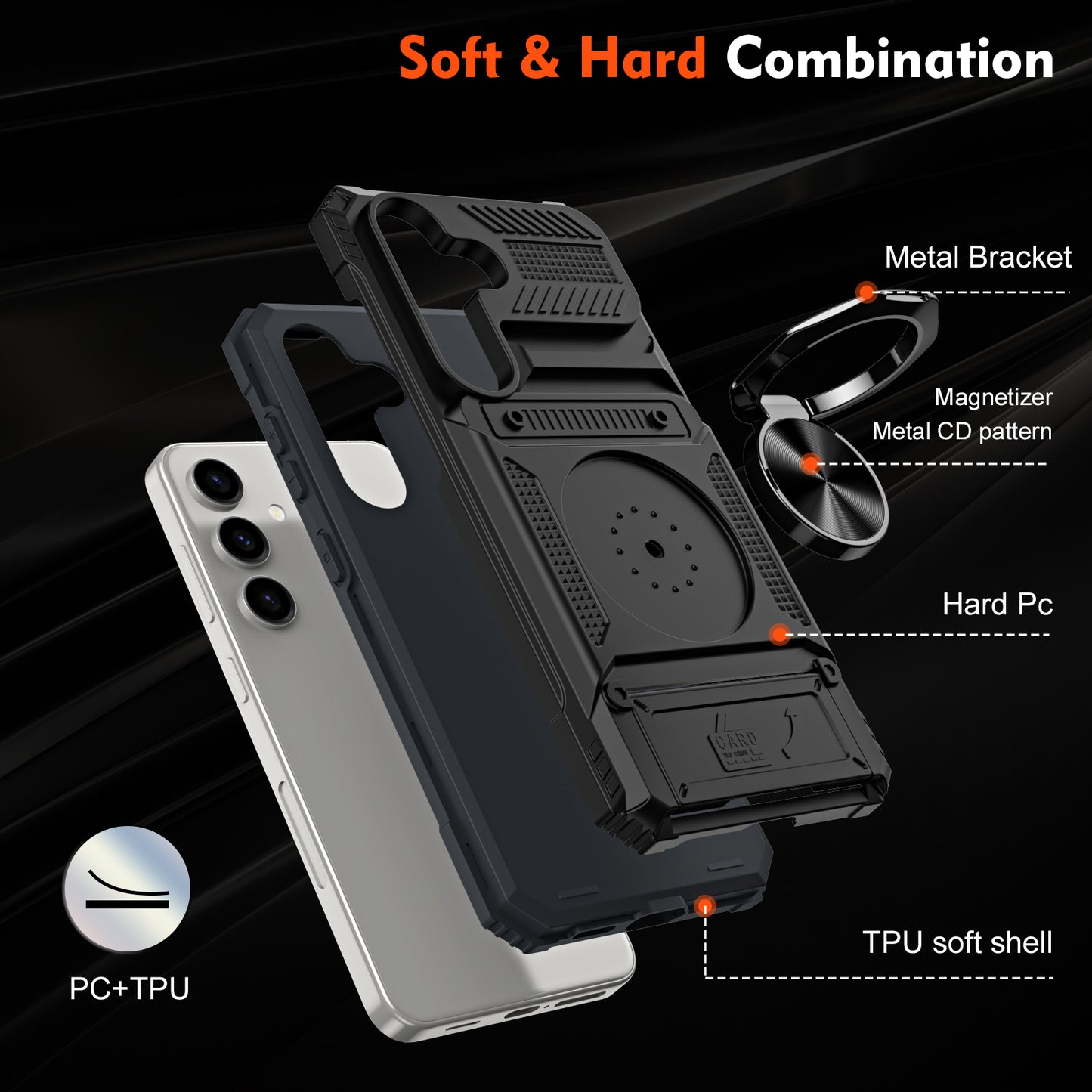 For Samsung Galaxy S24+ Shockproof Phone Shell Kickstand PC+TPU Phone Case Support Magnetic Car Mount - Black
