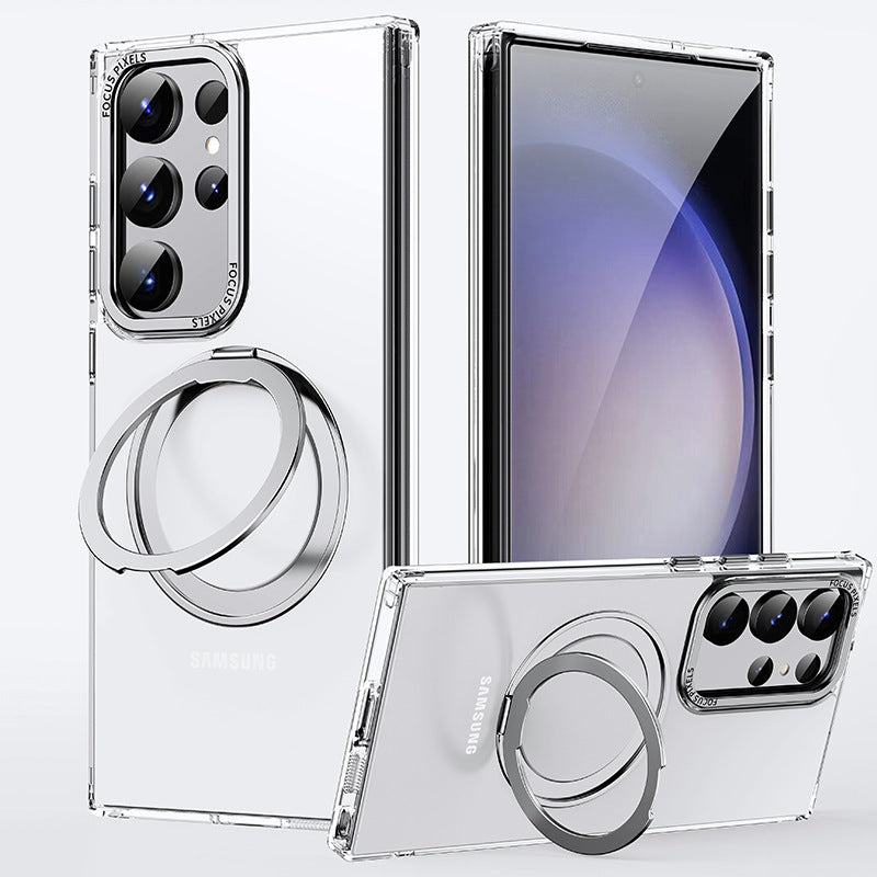 For Samsung Galaxy S24 Ultra Case Magnetic Clear Scratch-proof Phone Cover with Rotary Kickstand - Transparent