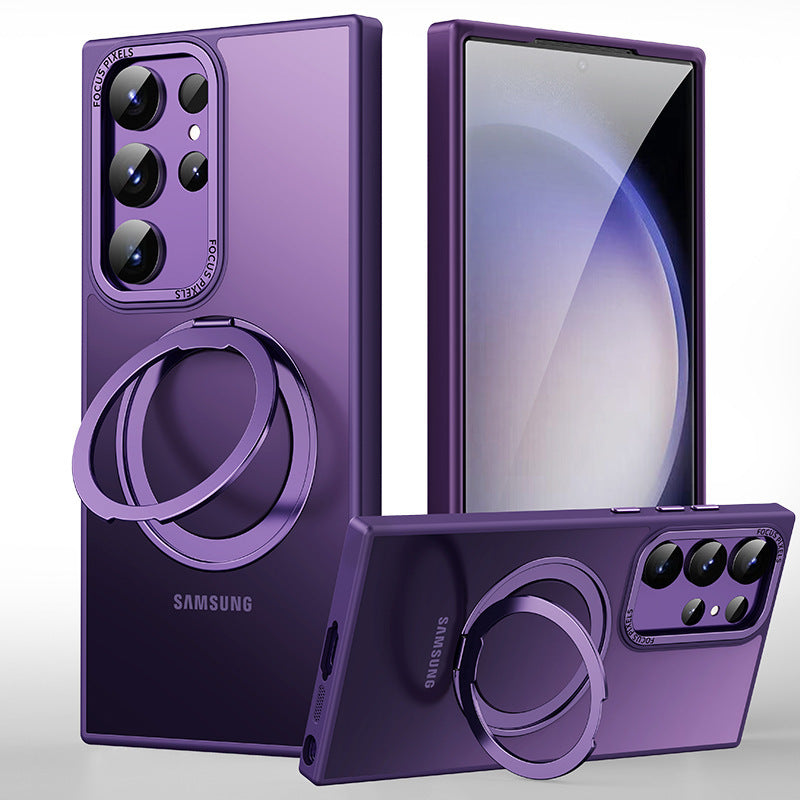 For Samsung Galaxy S24 Ultra Case Magnetic Clear Scratch-proof Phone Cover with Rotary Kickstand - Matte Purple