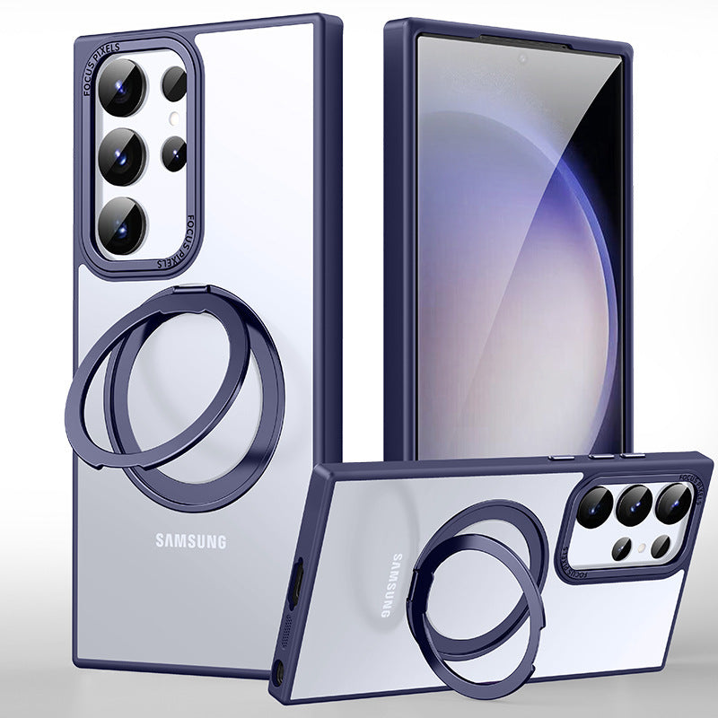 For Samsung Galaxy S24 Ultra Case Magnetic Clear Scratch-proof Phone Cover with Rotary Kickstand - Matte Blue