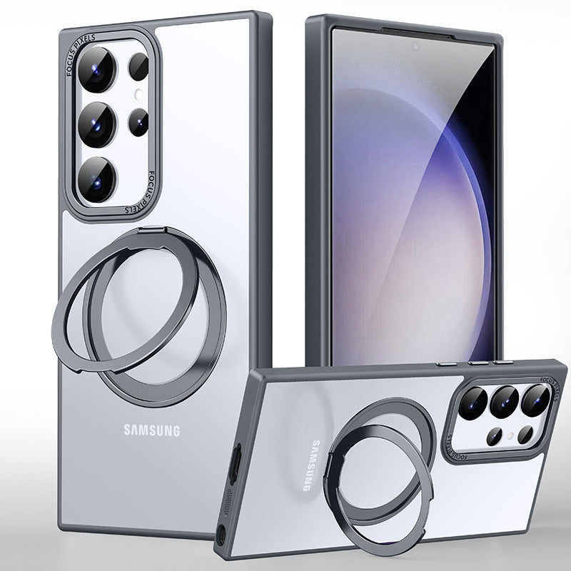 For Samsung Galaxy S24 Ultra Case Magnetic Clear Scratch-proof Phone Cover with Rotary Kickstand - Matte Grey