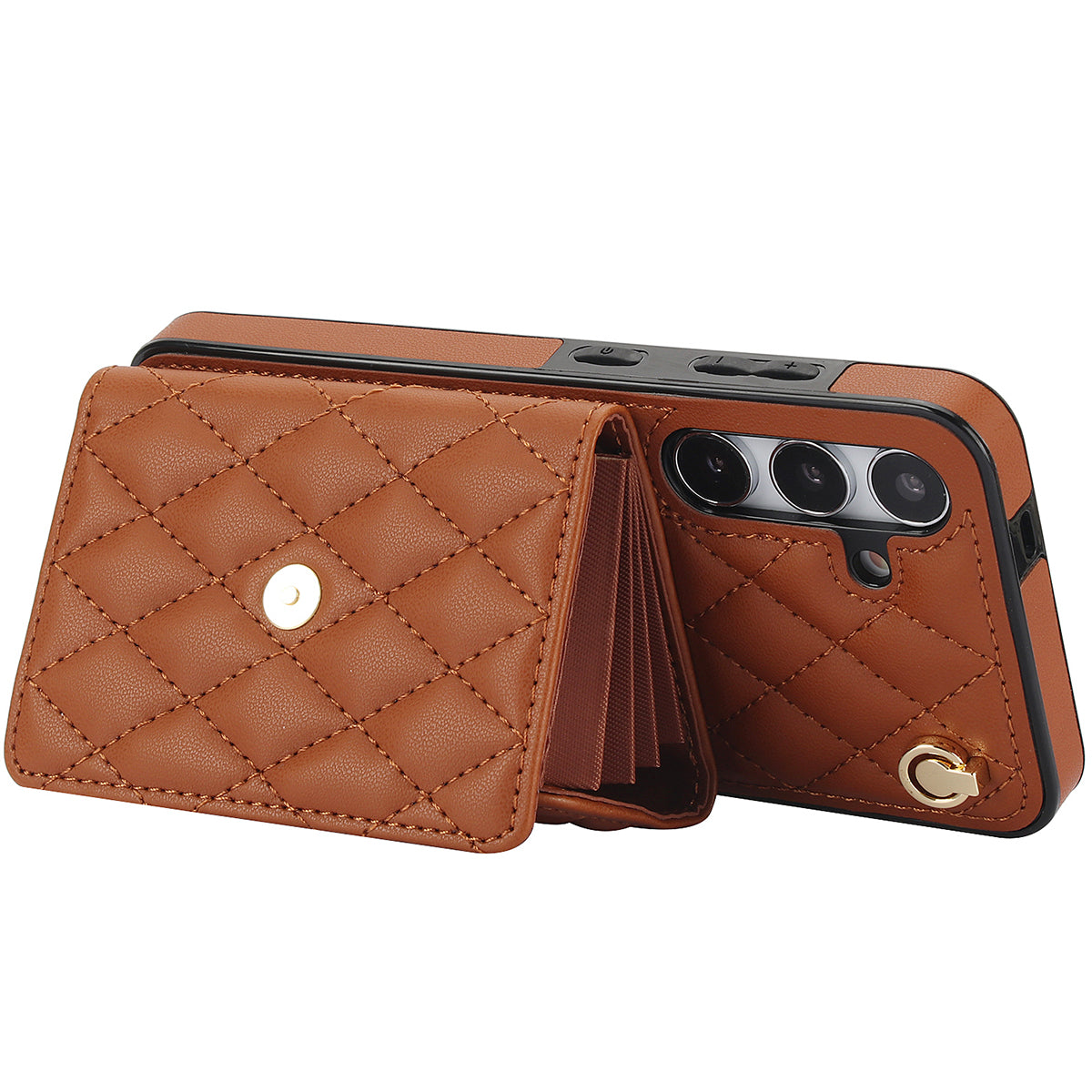 026 For Samsung Galaxy S24 Kickstand Phone Case Rhombus Grid Pattern with 2 Straps - Brown