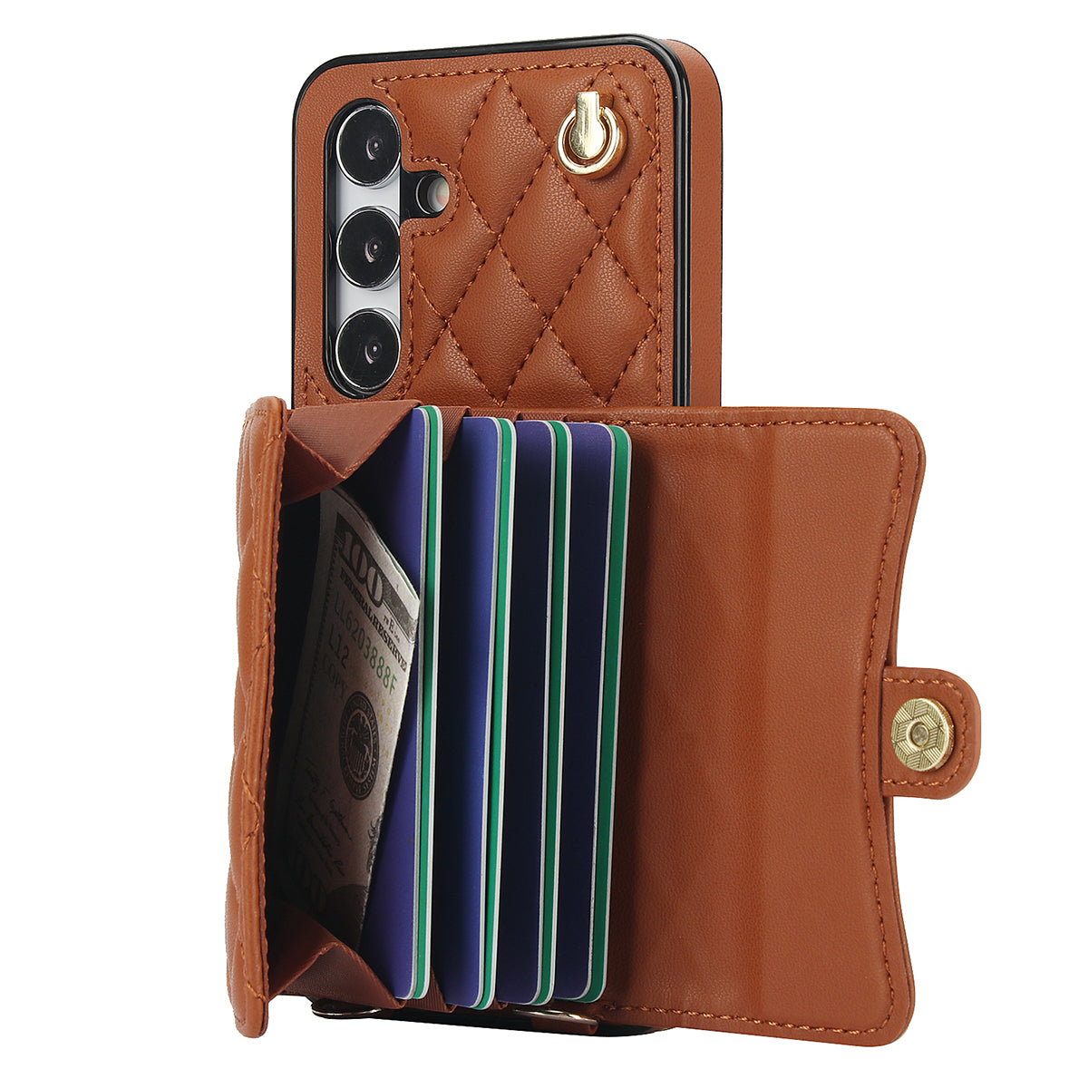 026 For Samsung Galaxy S24 Kickstand Phone Case Rhombus Grid Pattern with 2 Straps - Brown