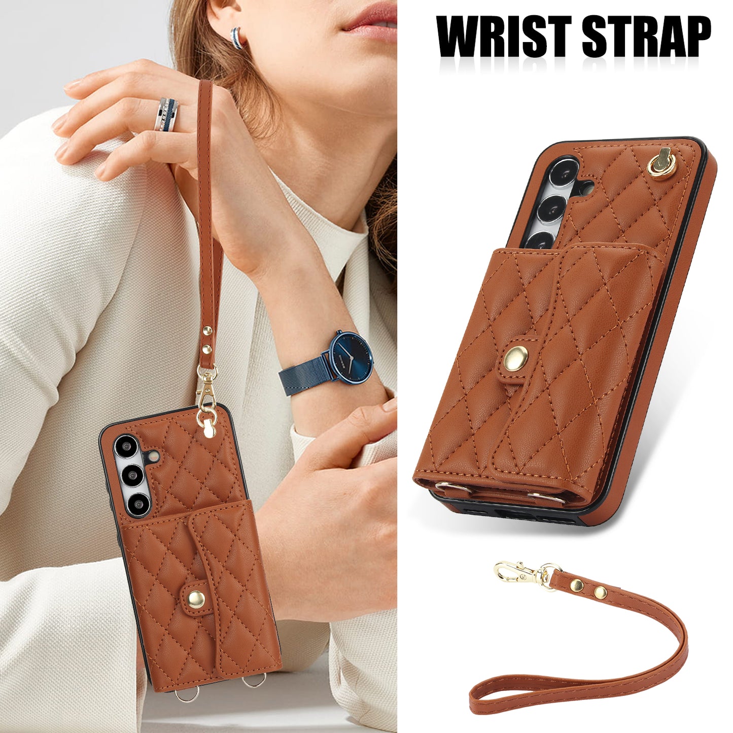 026 For Samsung Galaxy S24 Kickstand Phone Case Rhombus Grid Pattern with 2 Straps - Brown