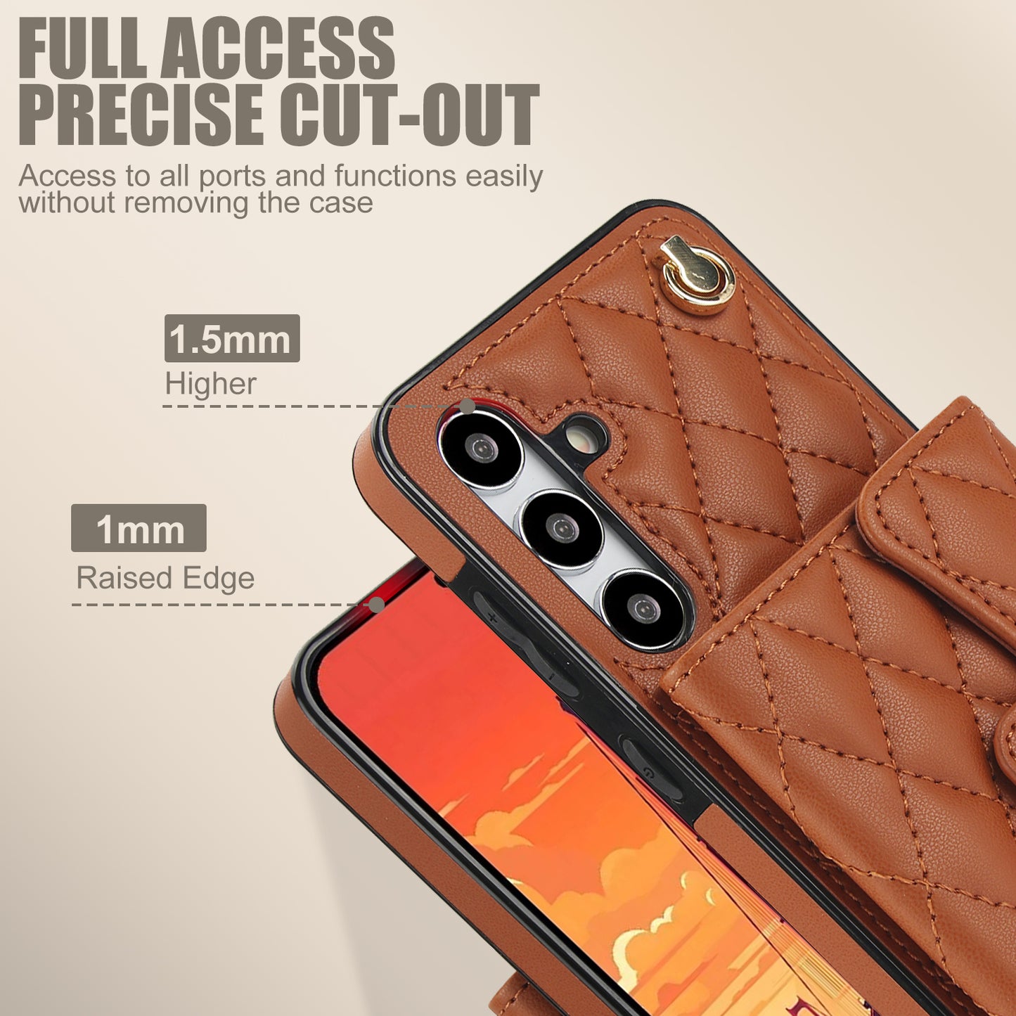 026 For Samsung Galaxy S24 Kickstand Phone Case Rhombus Grid Pattern with 2 Straps - Brown