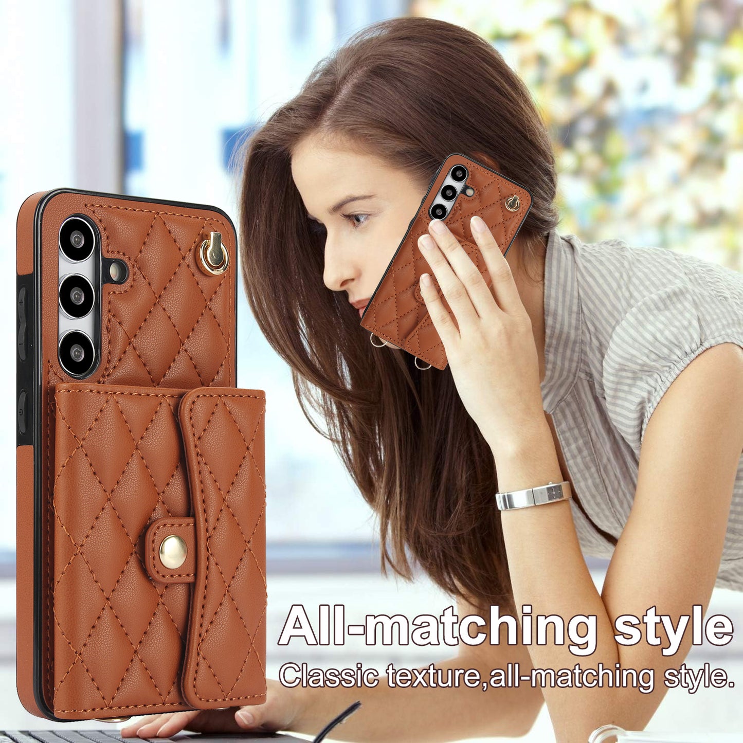 026 For Samsung Galaxy S24 Kickstand Phone Case Rhombus Grid Pattern with 2 Straps - Brown