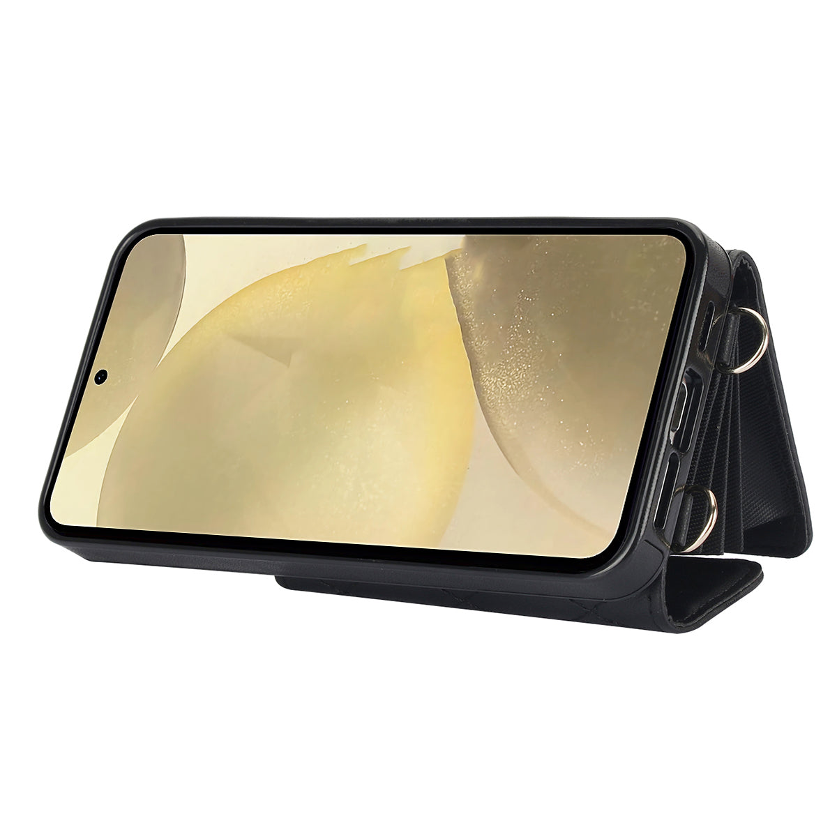 026 For Samsung Galaxy S24 Kickstand Phone Case Rhombus Grid Pattern with 2 Straps - Black