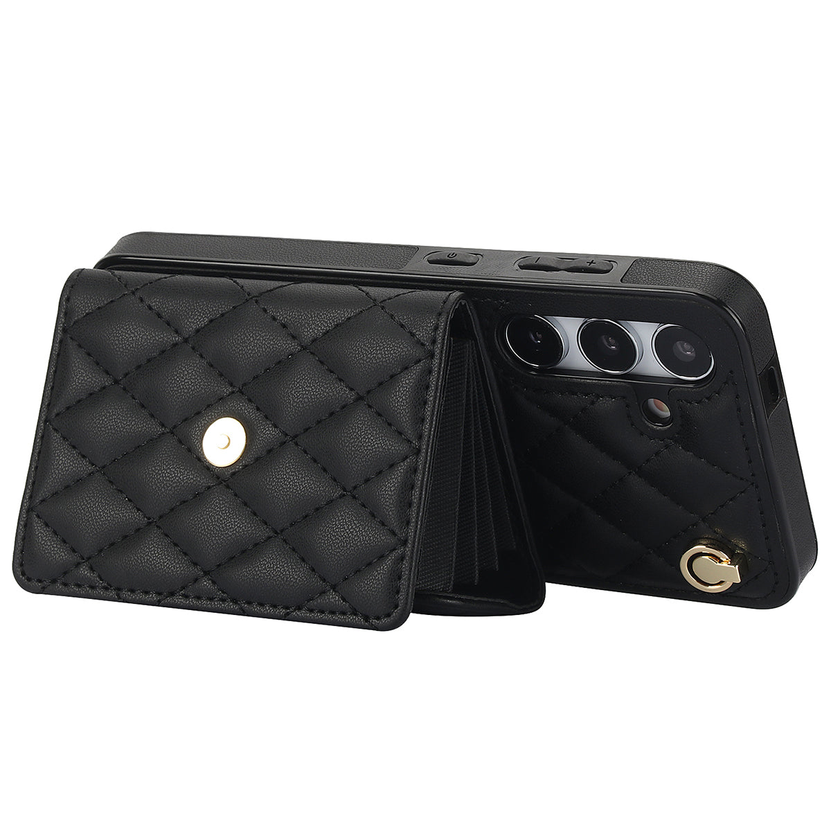 026 For Samsung Galaxy S24 Kickstand Phone Case Rhombus Grid Pattern with 2 Straps - Black