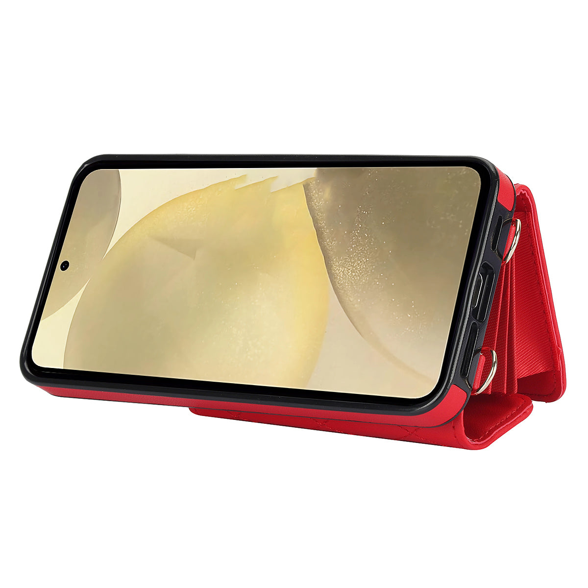 026 For Samsung Galaxy S24 Kickstand Phone Case Rhombus Grid Pattern with 2 Straps - Red