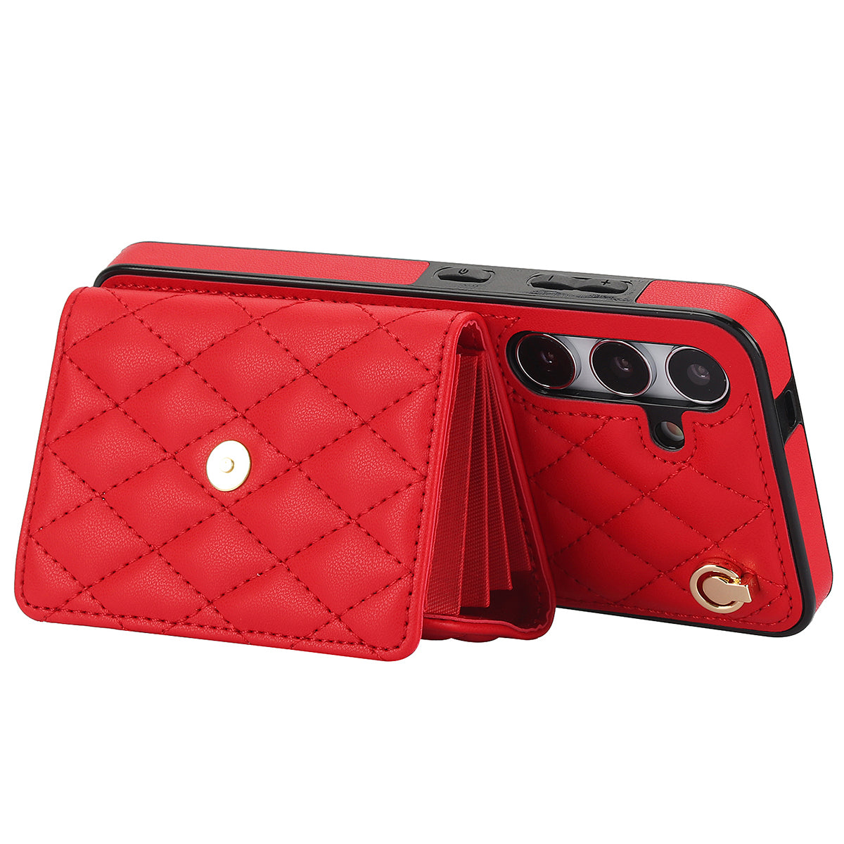 026 For Samsung Galaxy S24 Kickstand Phone Case Rhombus Grid Pattern with 2 Straps - Red