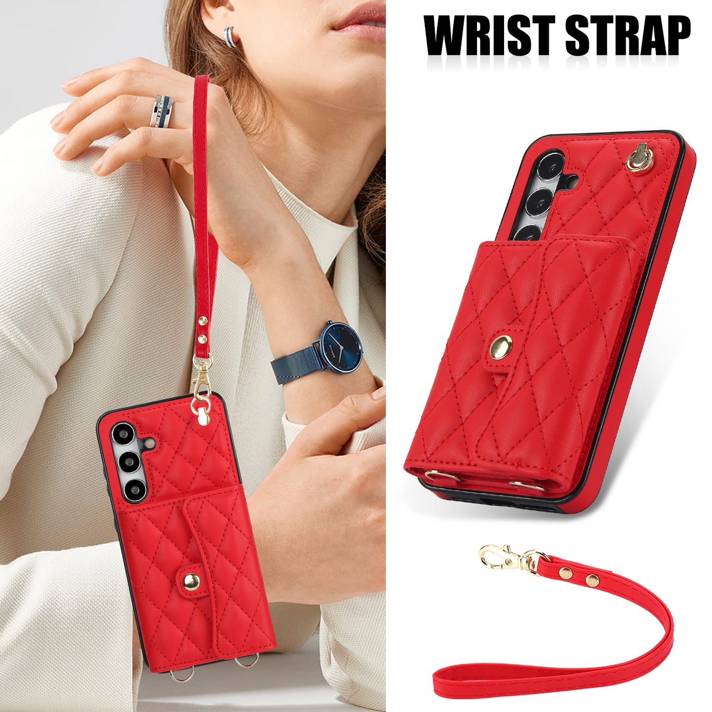 026 For Samsung Galaxy S24 Kickstand Phone Case Rhombus Grid Pattern with 2 Straps - Red