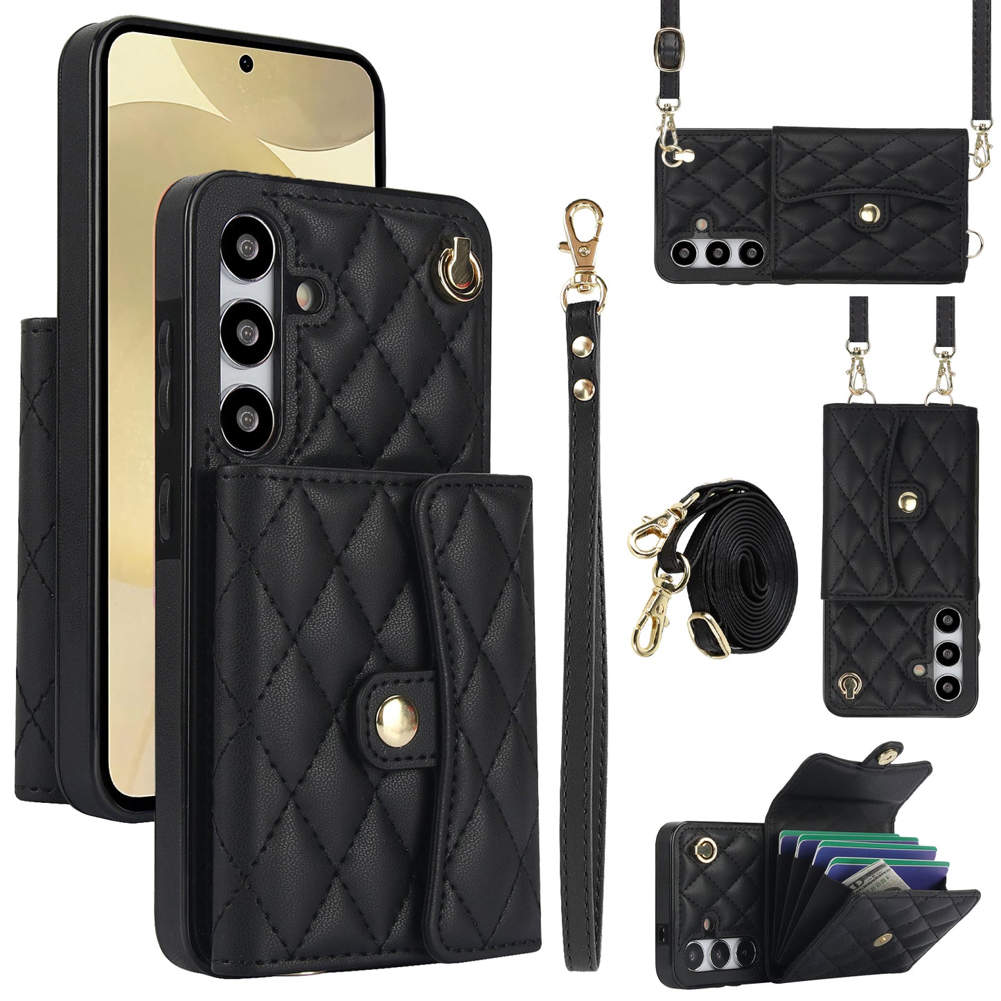 026 For Samsung Galaxy S24+ Card Case Leather Coated TPU Phone Cover with 2 Straps - Black