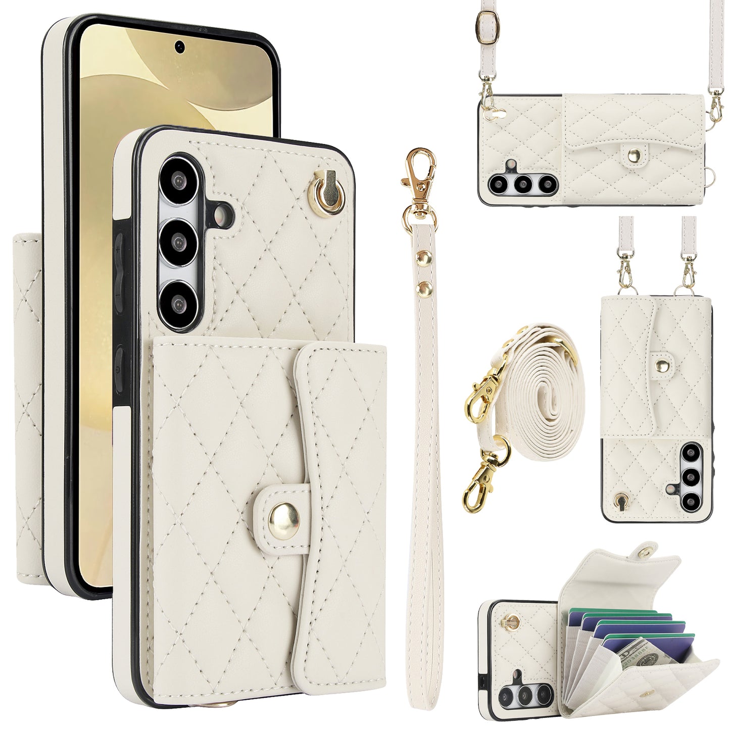 026 For Samsung Galaxy S24+ Card Case Leather Coated TPU Phone Cover with 2 Straps - White