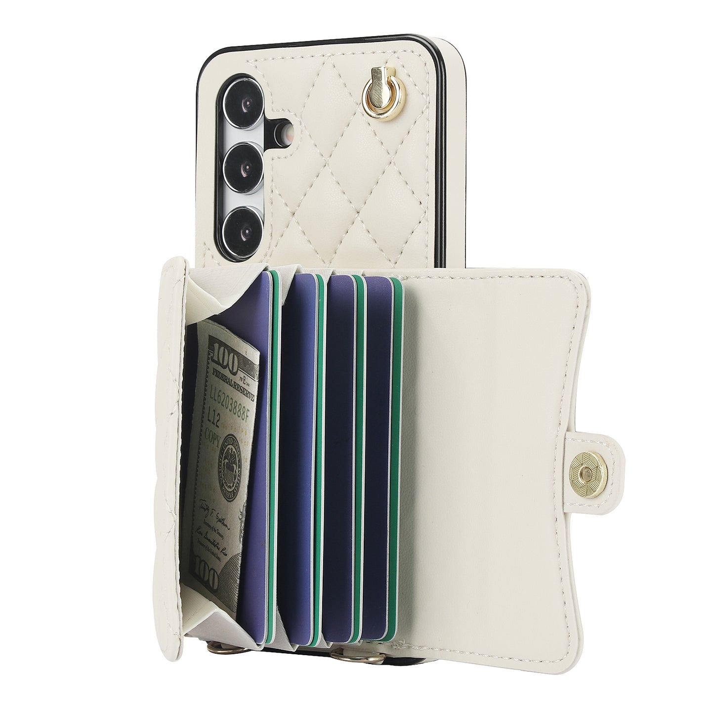 026 For Samsung Galaxy S24+ Card Case Leather Coated TPU Phone Cover with 2 Straps - White
