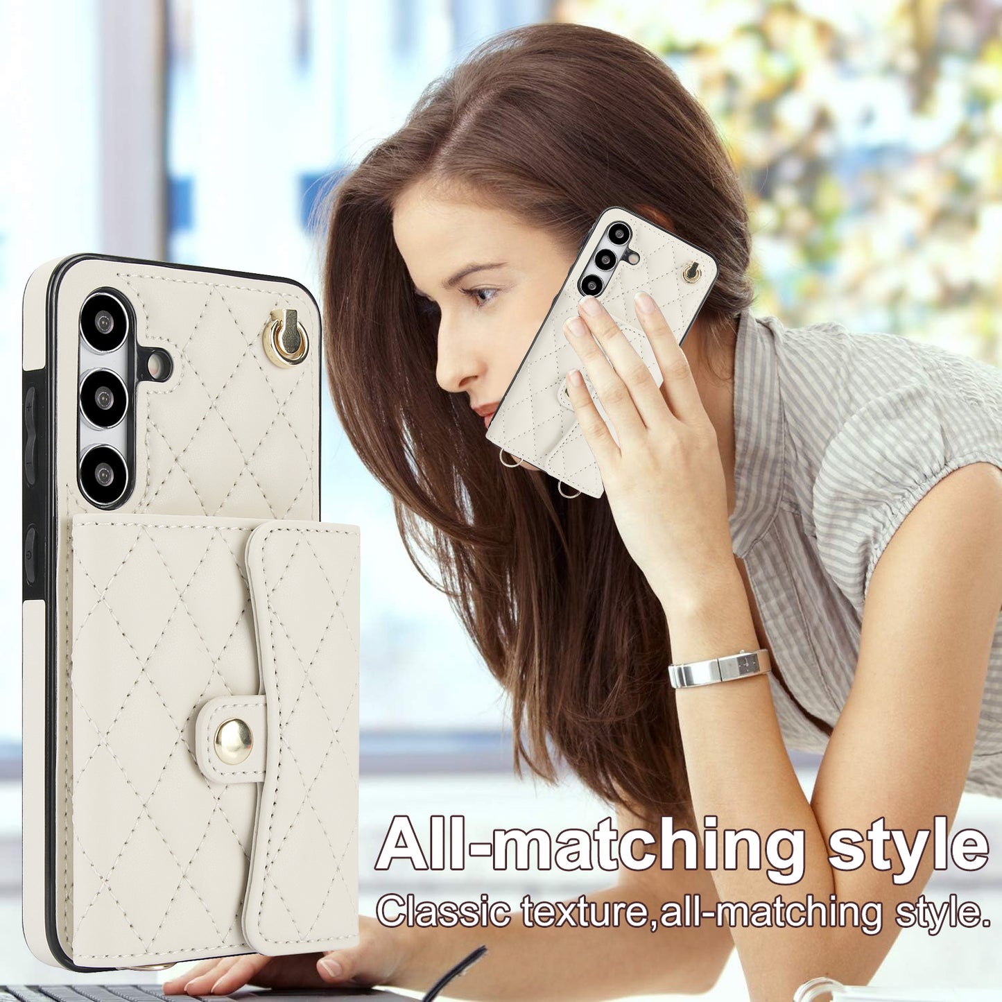 026 For Samsung Galaxy S24+ Card Case Leather Coated TPU Phone Cover with 2 Straps - White