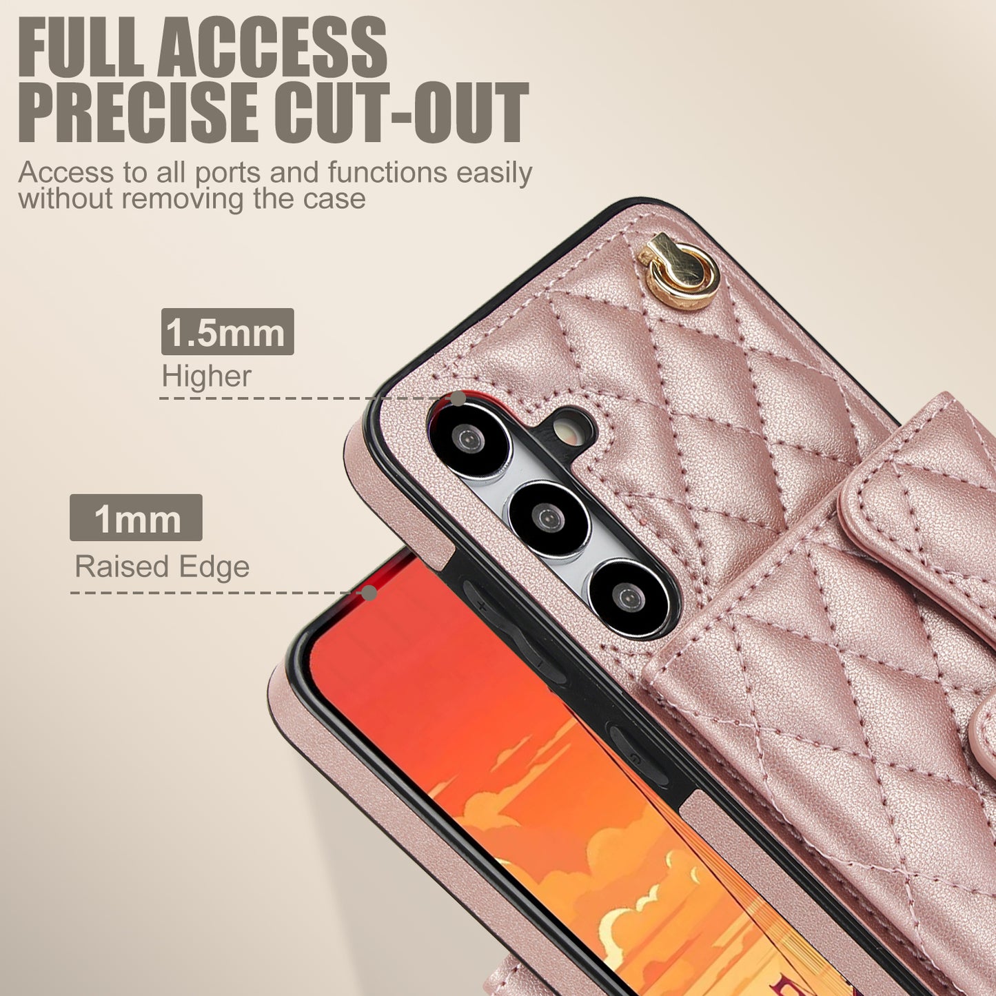 026 For Samsung Galaxy S24+ Card Case Leather Coated TPU Phone Cover with 2 Straps - Rose Gold