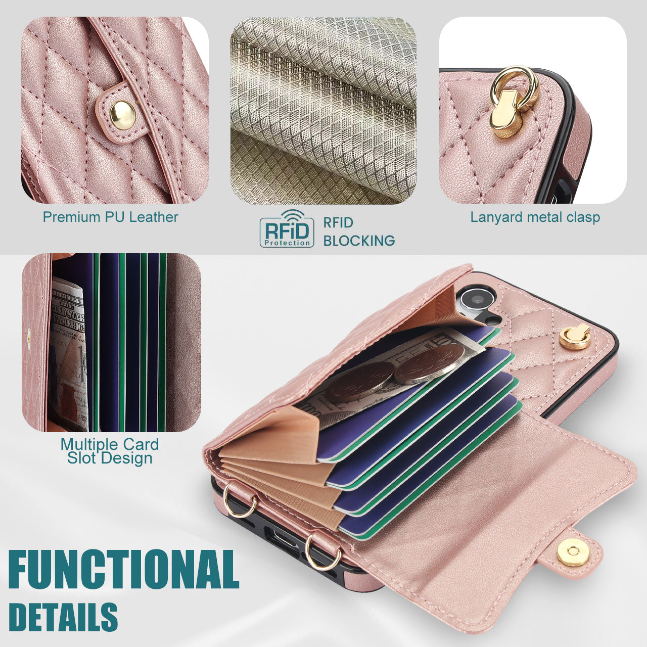 026 For Samsung Galaxy S24+ Card Case Leather Coated TPU Phone Cover with 2 Straps - Rose Gold