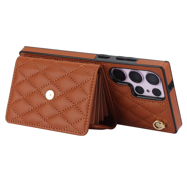 026 For Samsung Galaxy S23 Ultra Phone Case Card Slots Kickstand Cover with 2 Straps - Brown