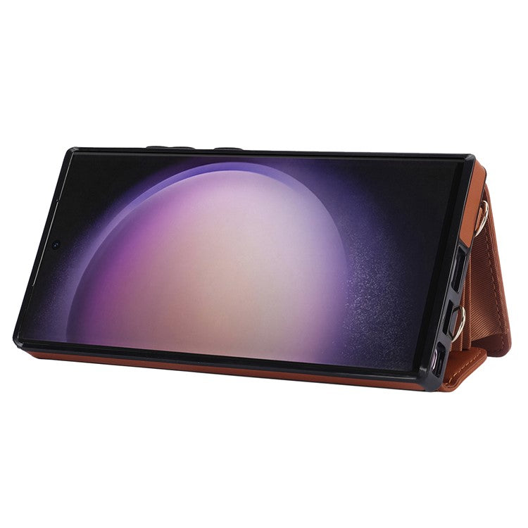 026 For Samsung Galaxy S23 Ultra Phone Case Card Slots Kickstand Cover with 2 Straps - Brown