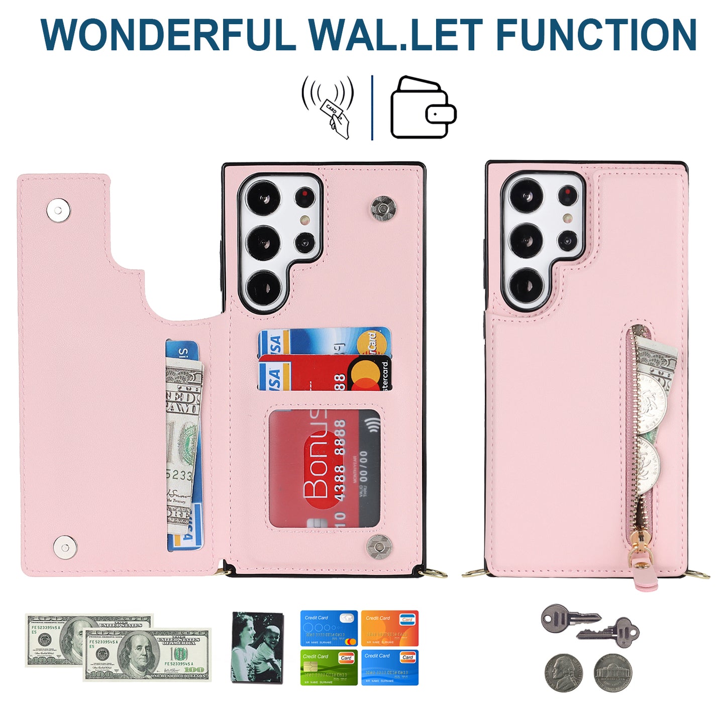 For Samsung Galaxy S24 Ultra Crossbody Phone Case Kickstand RFID Blocking Cover - Pink